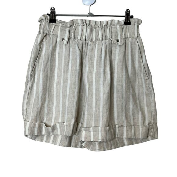MNG Casual 100% Linen Striped Paperbag Shorts Cream Womens Small - Picture 1 of 6